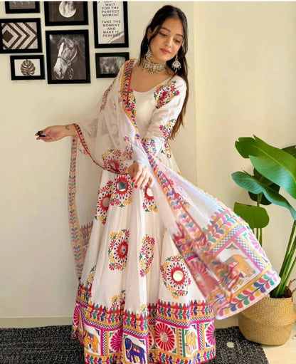 Beautiful designer Moss Satin Anarkali Gown With Hand Mirror Embroidery