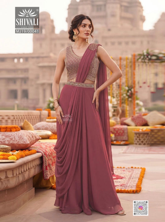 BERRY WINE SILVER CRYSTAL DRAPED SAREE SET