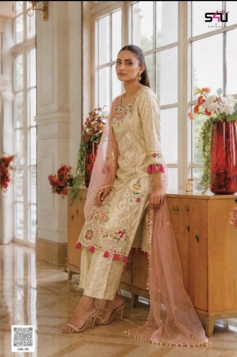 Beautiful designer TISSUE SILK WITH HANDWORK PLAZO SUIT