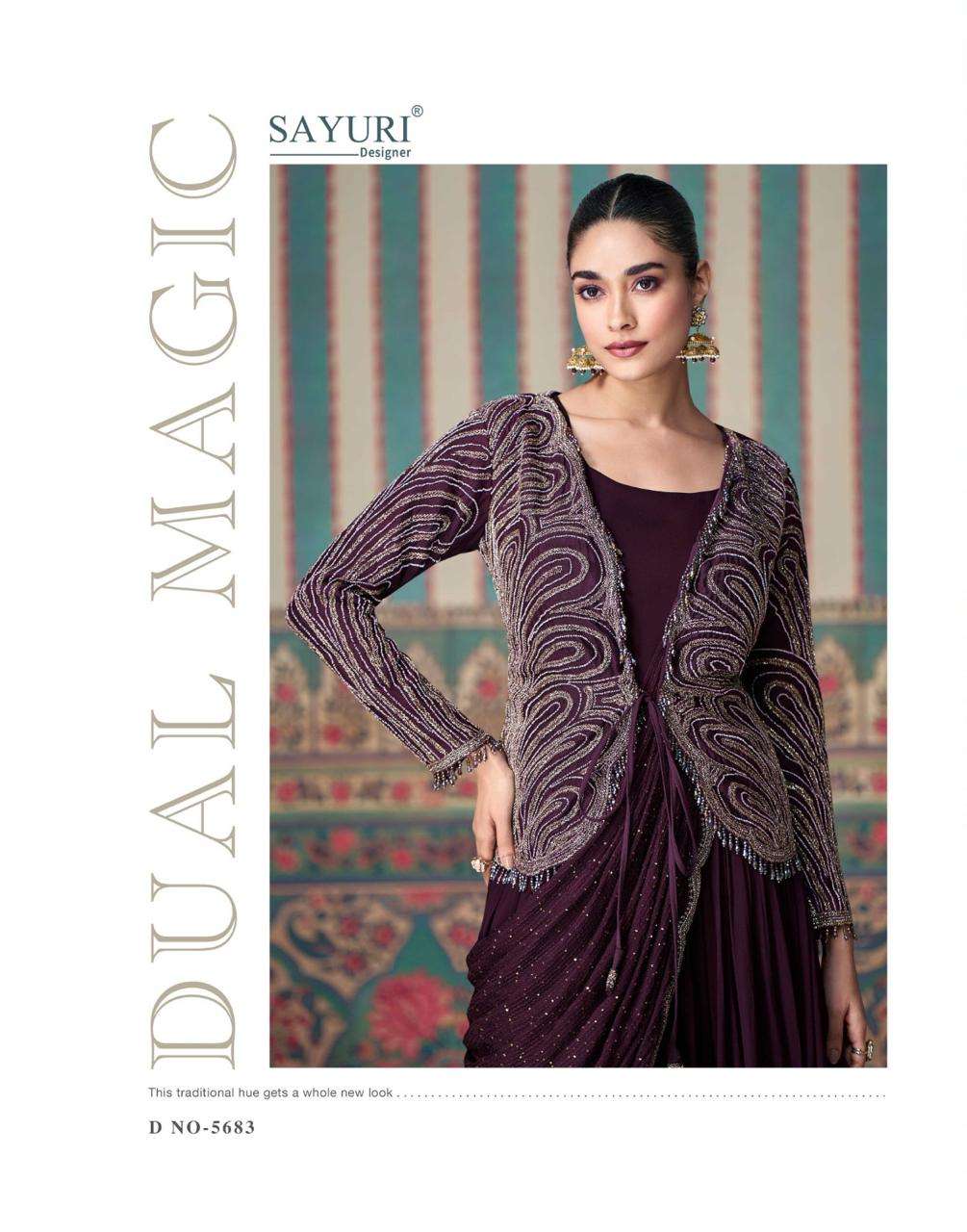 Beautiful designer wine Embroidered Silk Anarkali Gown with Asymmetrical saree Draping