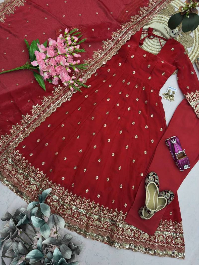 Beautiful designer Fandy Silk Embroidered Gown Set With Dupatta And Pant For Women