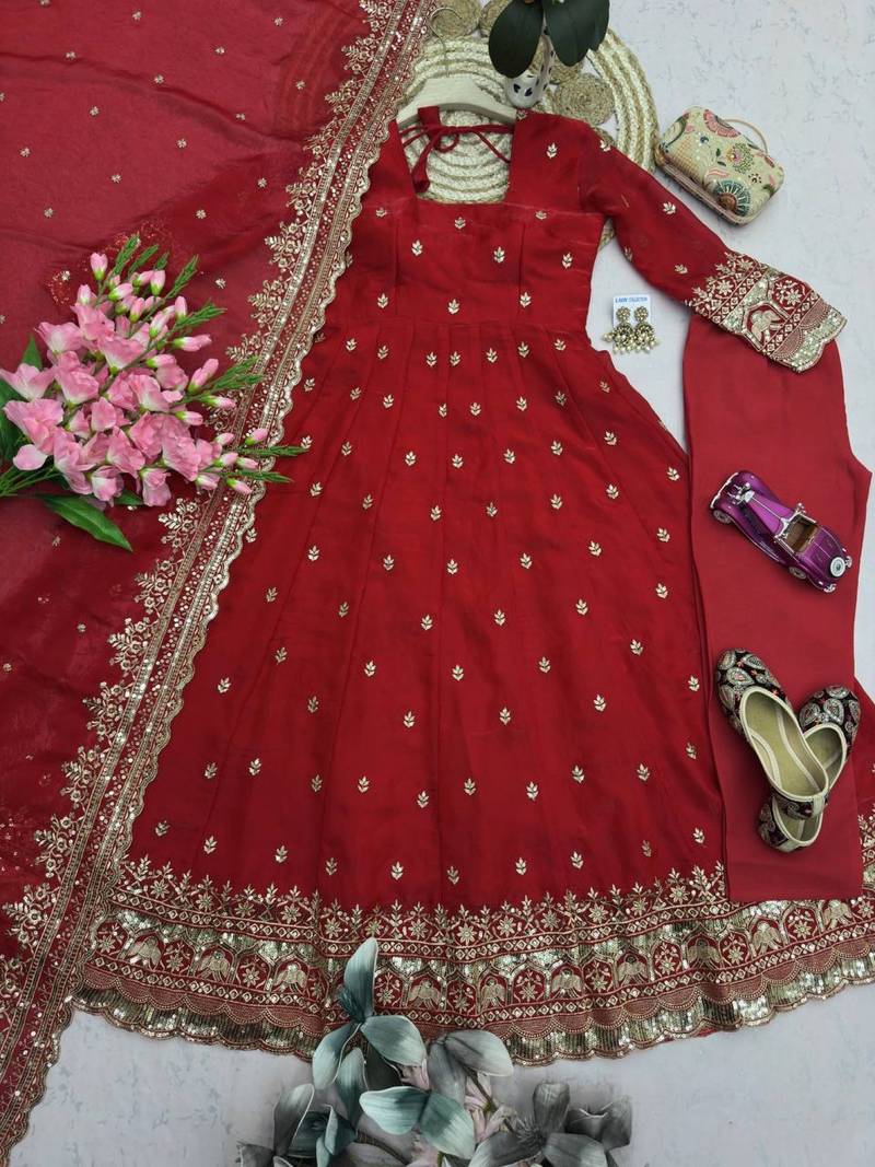 Beautiful designer Fandy Silk Embroidered Gown Set With Dupatta And Pant For Women