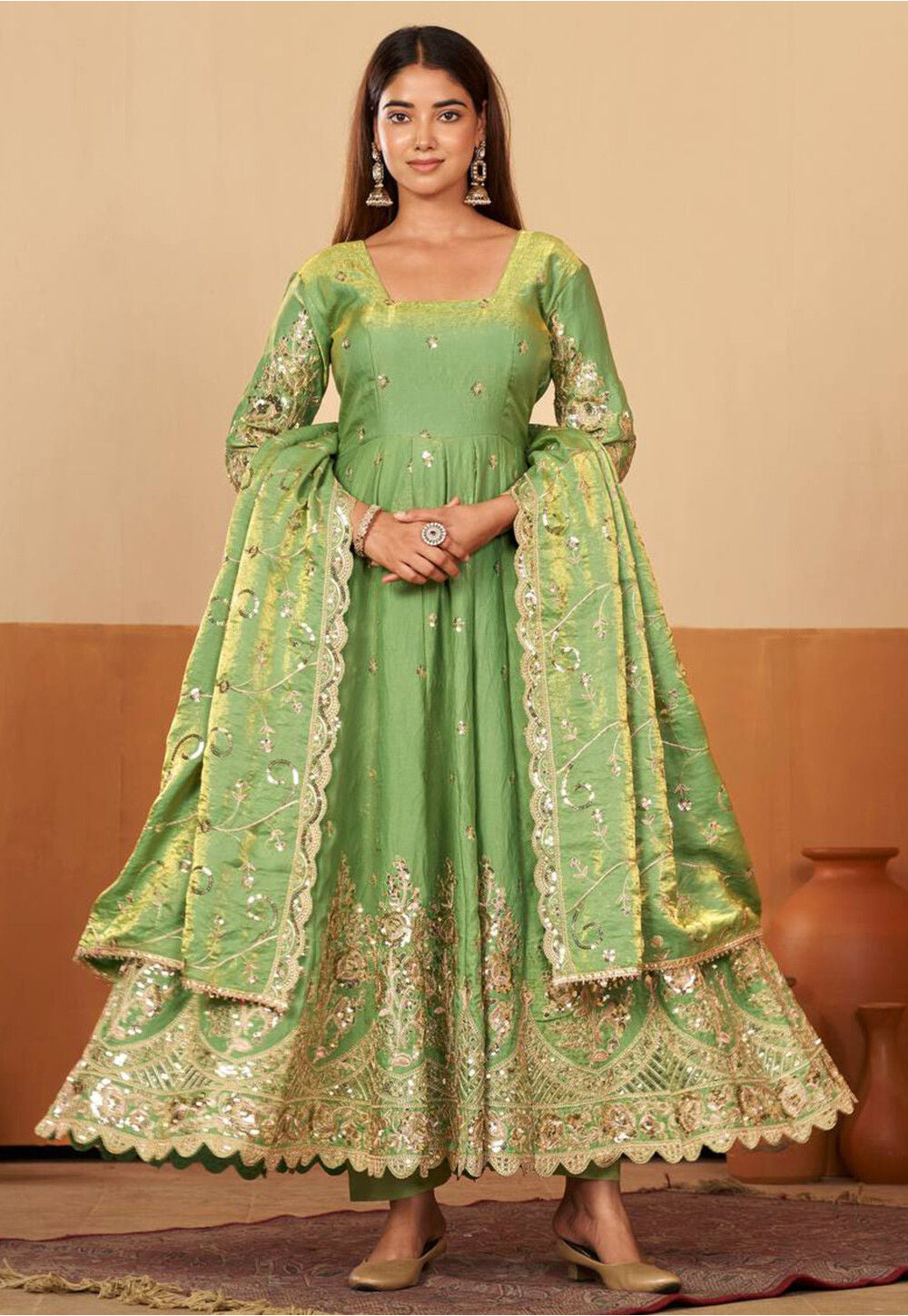 Beautiful designer Fandy Silk Embroidered Gown Set With Dupatta And Pant For Women