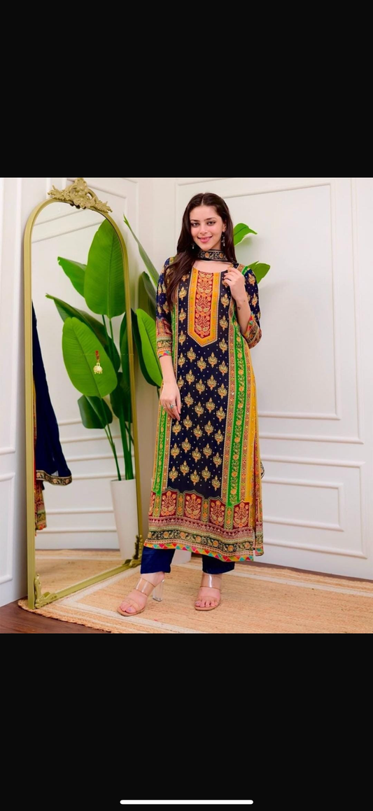 Beautiful designer NAVY BLUE MUSLIN DIGITAL PRINT SALWAR SUIT SET
