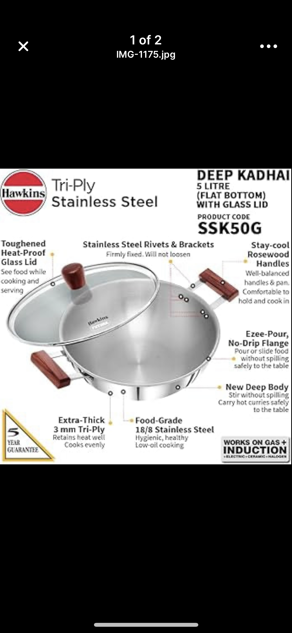 Hawkins Tri-ply Deep Kadhai 5 Litre with Glass lid