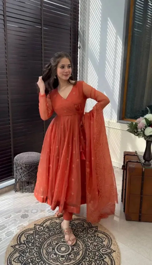 Beautiful designer Dusty Red Georgette Anarkali Suit With Embroidery Work and Dupatta