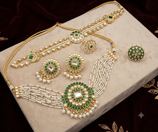 Beautiful designer necklace set with earrings ring & mathapatti