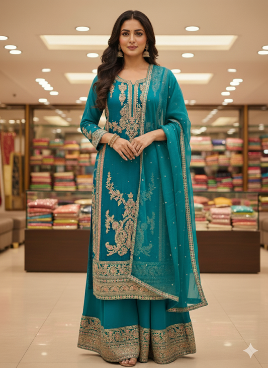 Beautiful designer fully embroidery plazo suit