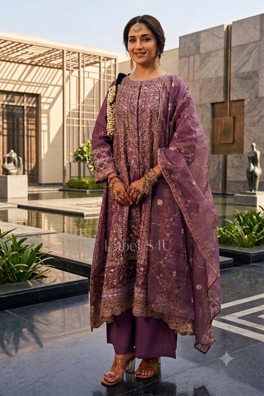 Beautiful designer Plum Organza-Anarkali Set