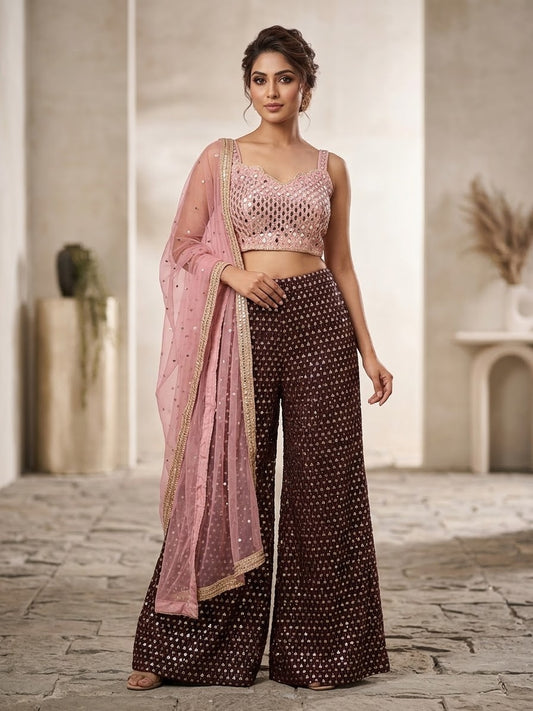 Beautiful designer fully embroidery crop top with plazo pants dupptta