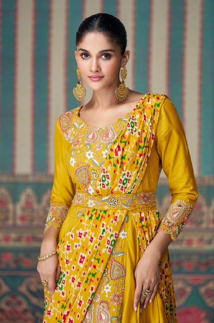 Beautiful designer Yellow Embroidered Silk Anarkali Gown with Asymmetrical saree Draping