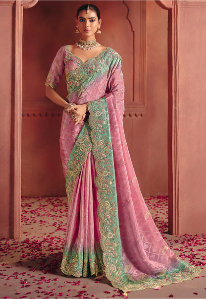 Beautiful designer Pink Wedding Wear Silk Fabric Embroidered Saree