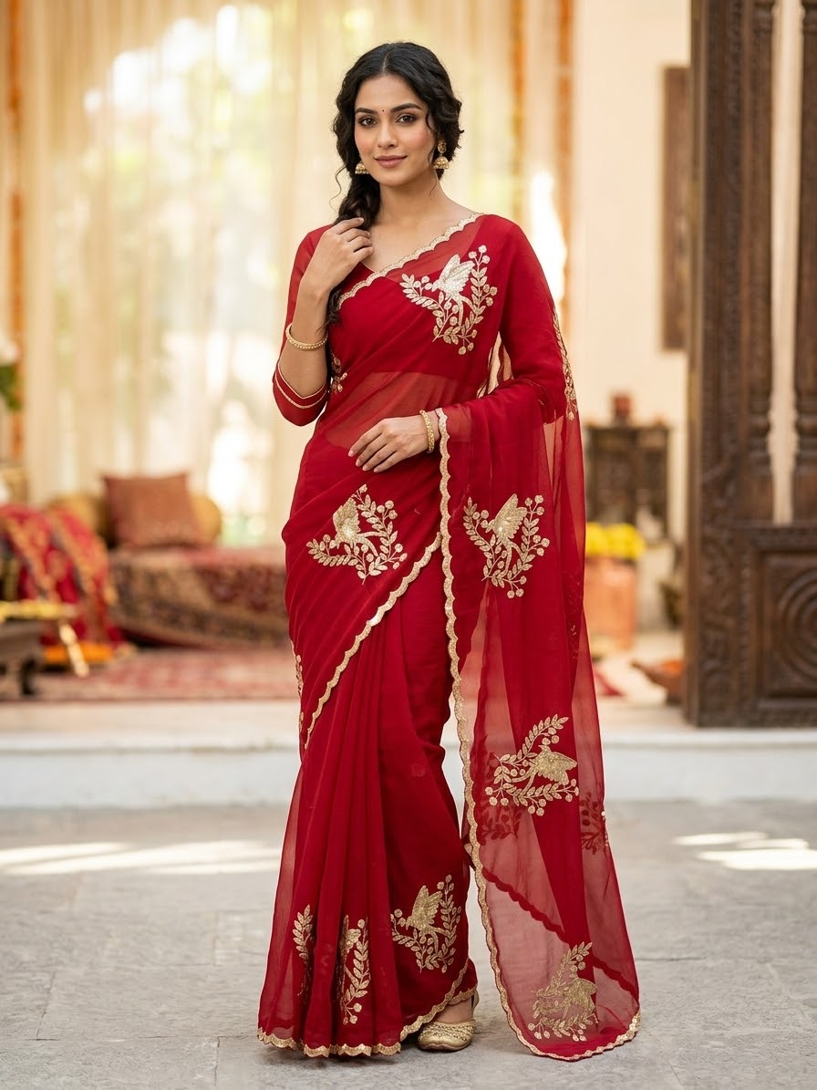 Beautiful designer embroidery chiffon saree