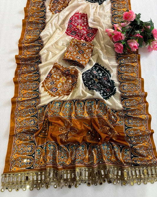 Beautiful designer Ajrakh Modal Silk Saree with Mirror Work & Pallu Tassels