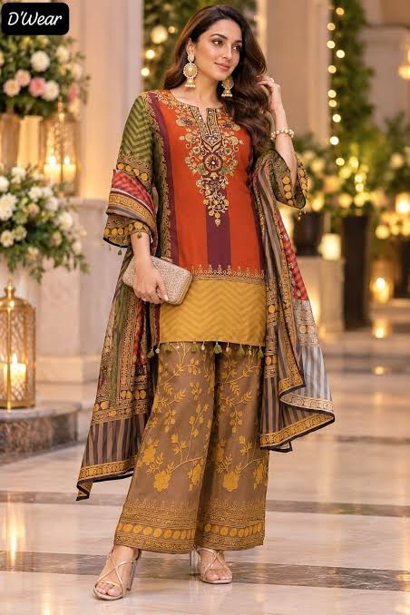 Pure Russian silk with lining paired with plazo three piece set