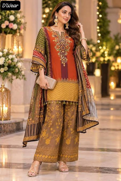 Pure Russian silk with lining paired with plazo three piece set