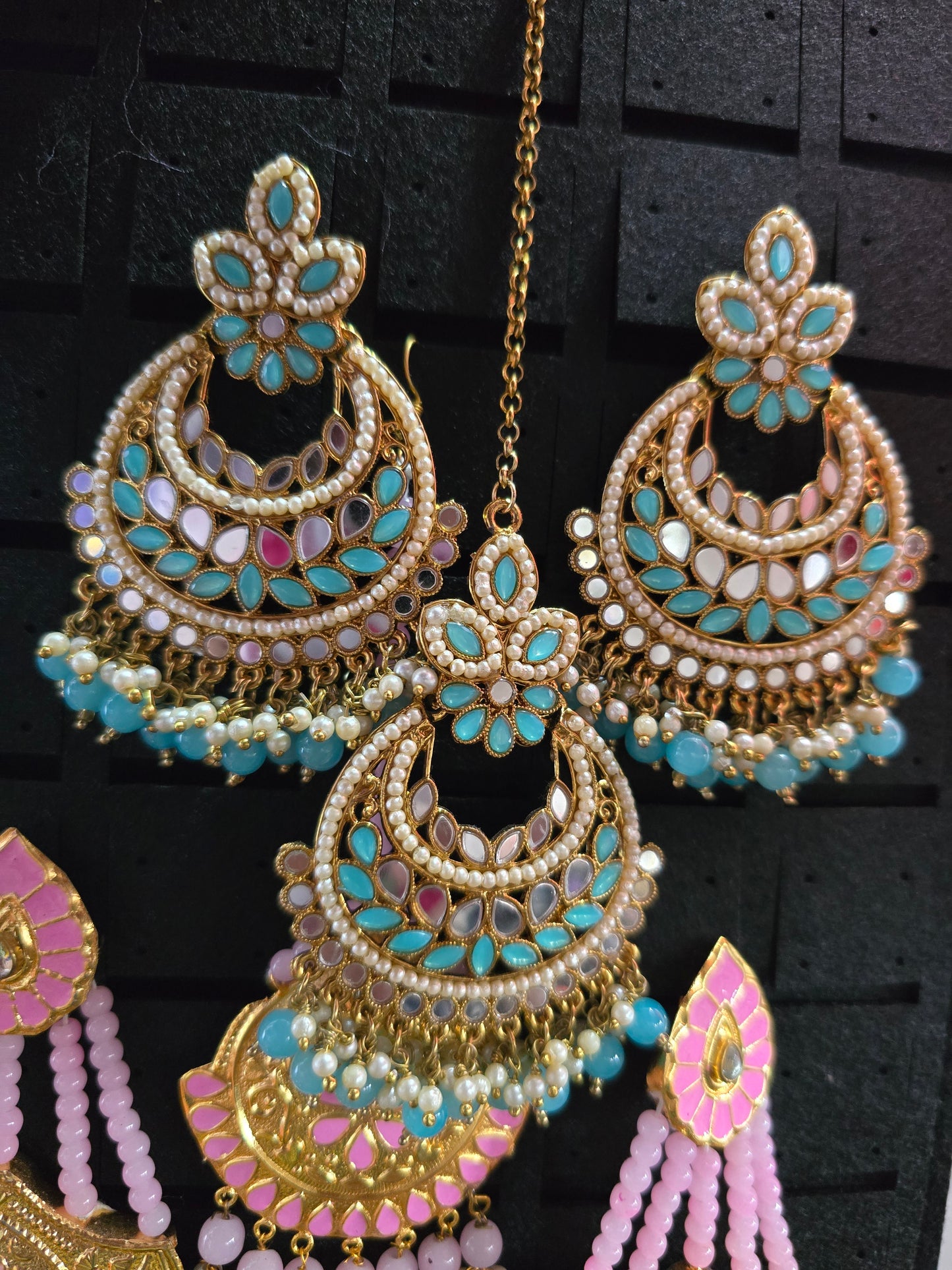 Beautiful designer mirror work earrings with bindi/tikka