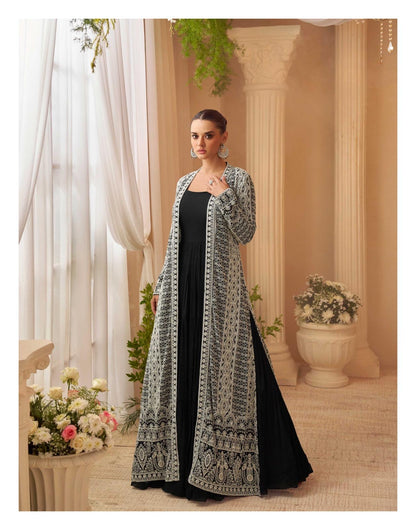 Beautiful designer long gown with fully embroidered koti and belt