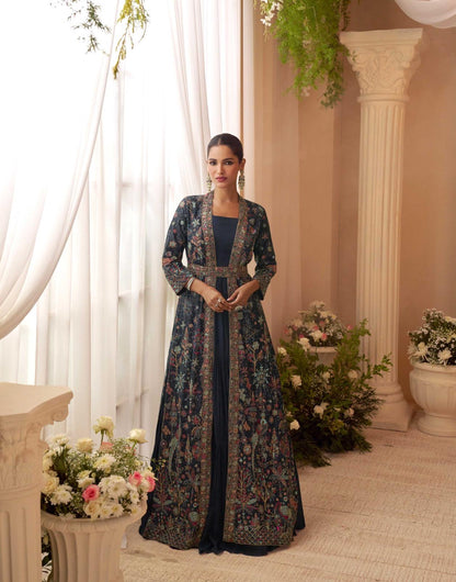 Beautiful designer long gown with fully embroidered koti and belt