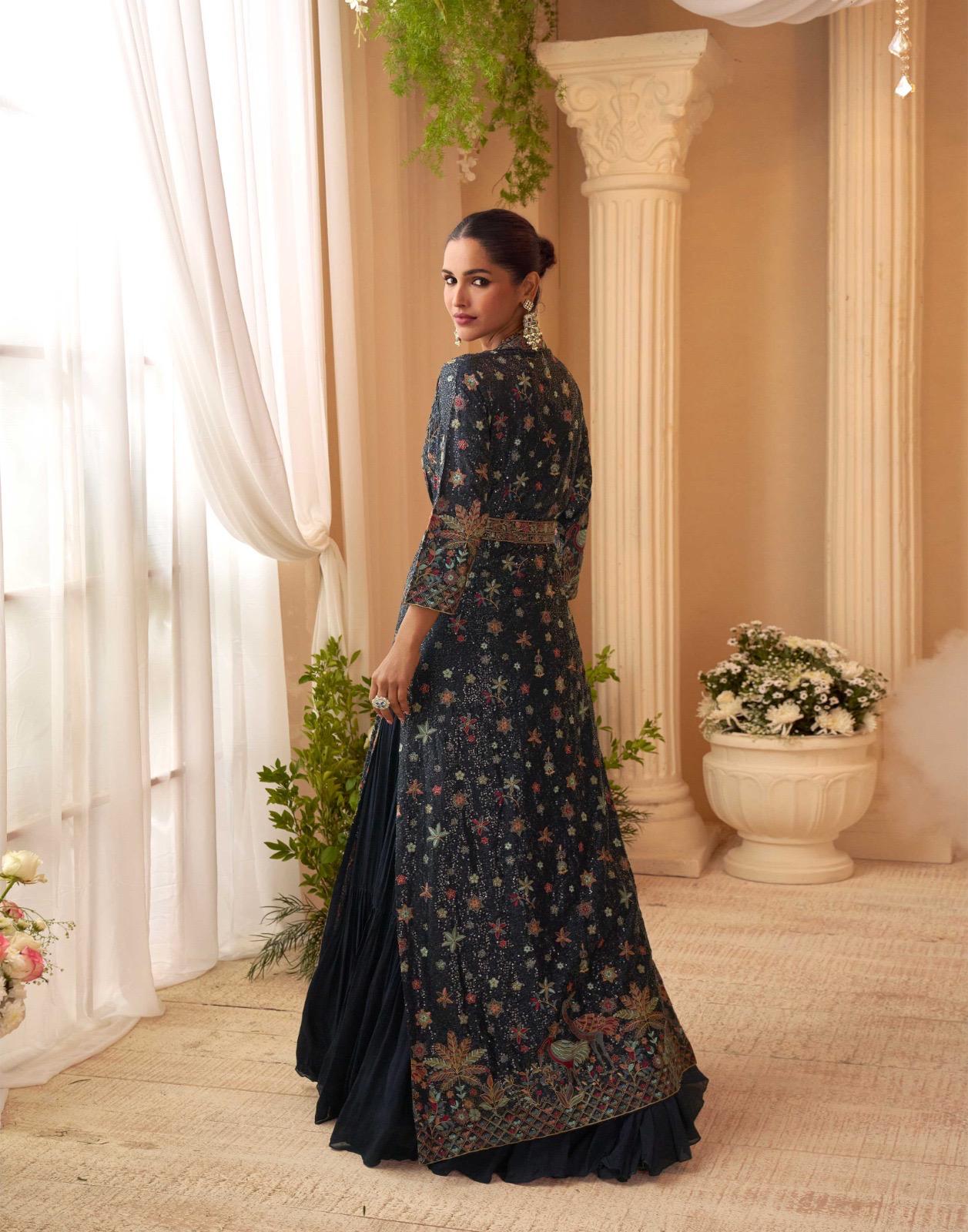 Beautiful designer long gown with fully embroidered koti and belt