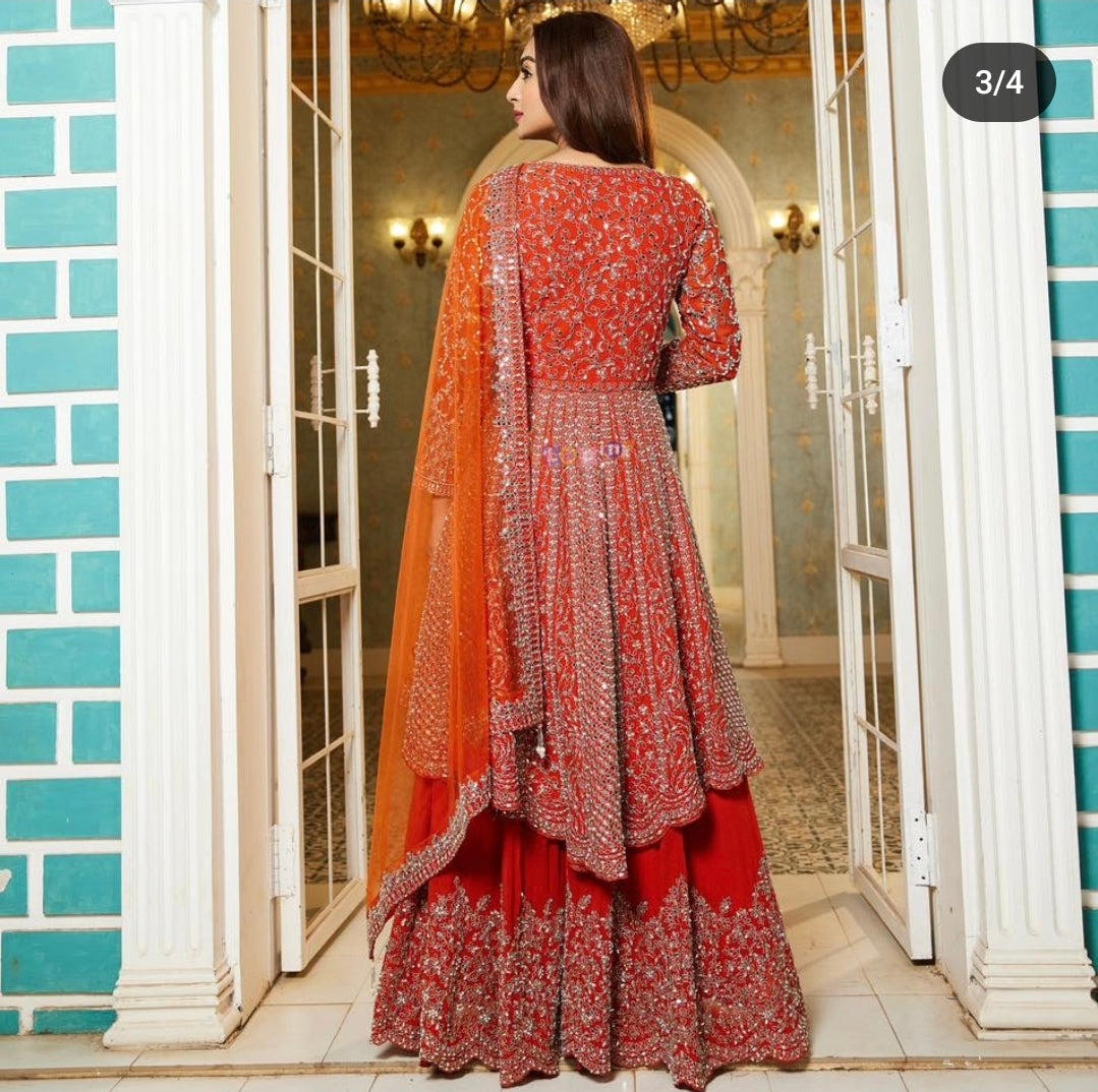 Beautiful designer high low front open plazo suit with mirrors work
