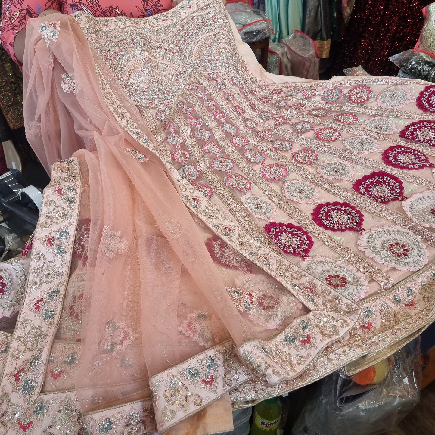 Beautiful designer unstitched lengha with embroidery and stone work