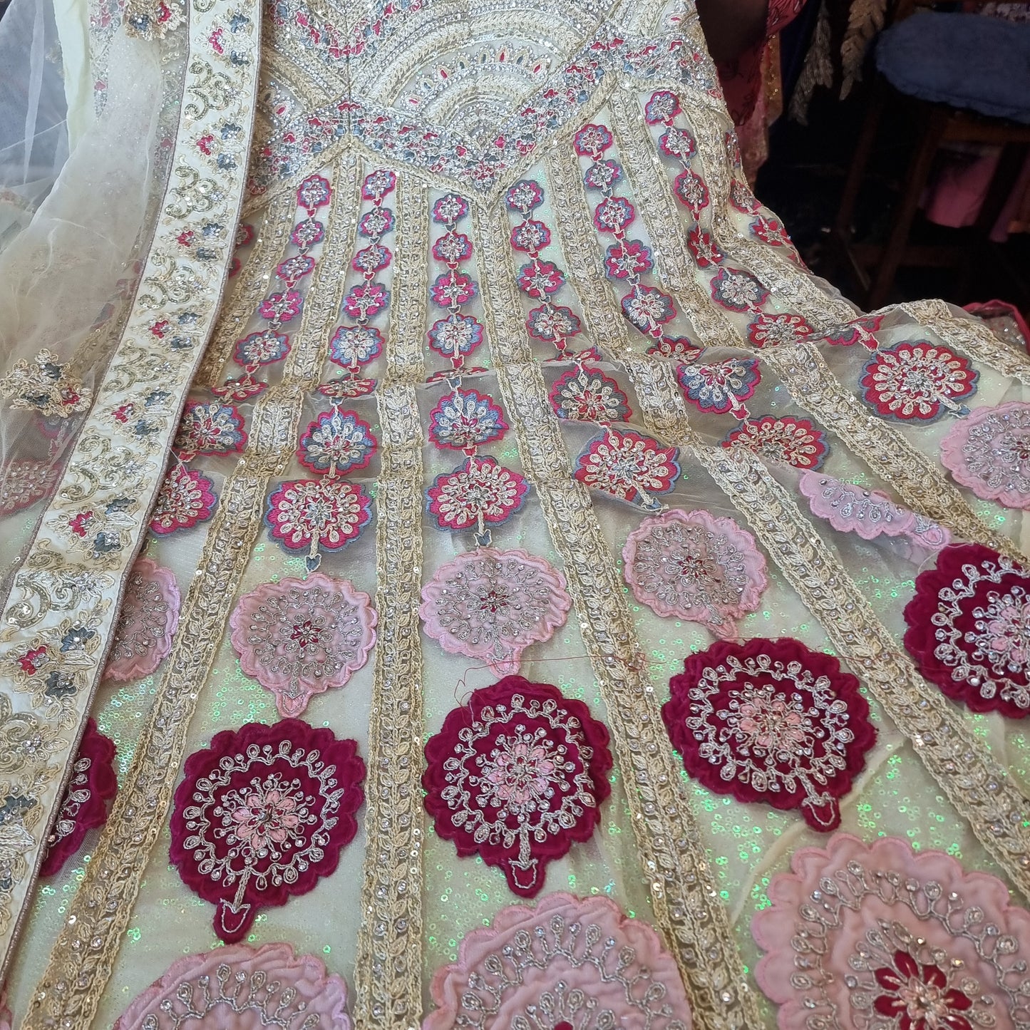 Beautiful designer unstitched lengha with embroidery and stone work