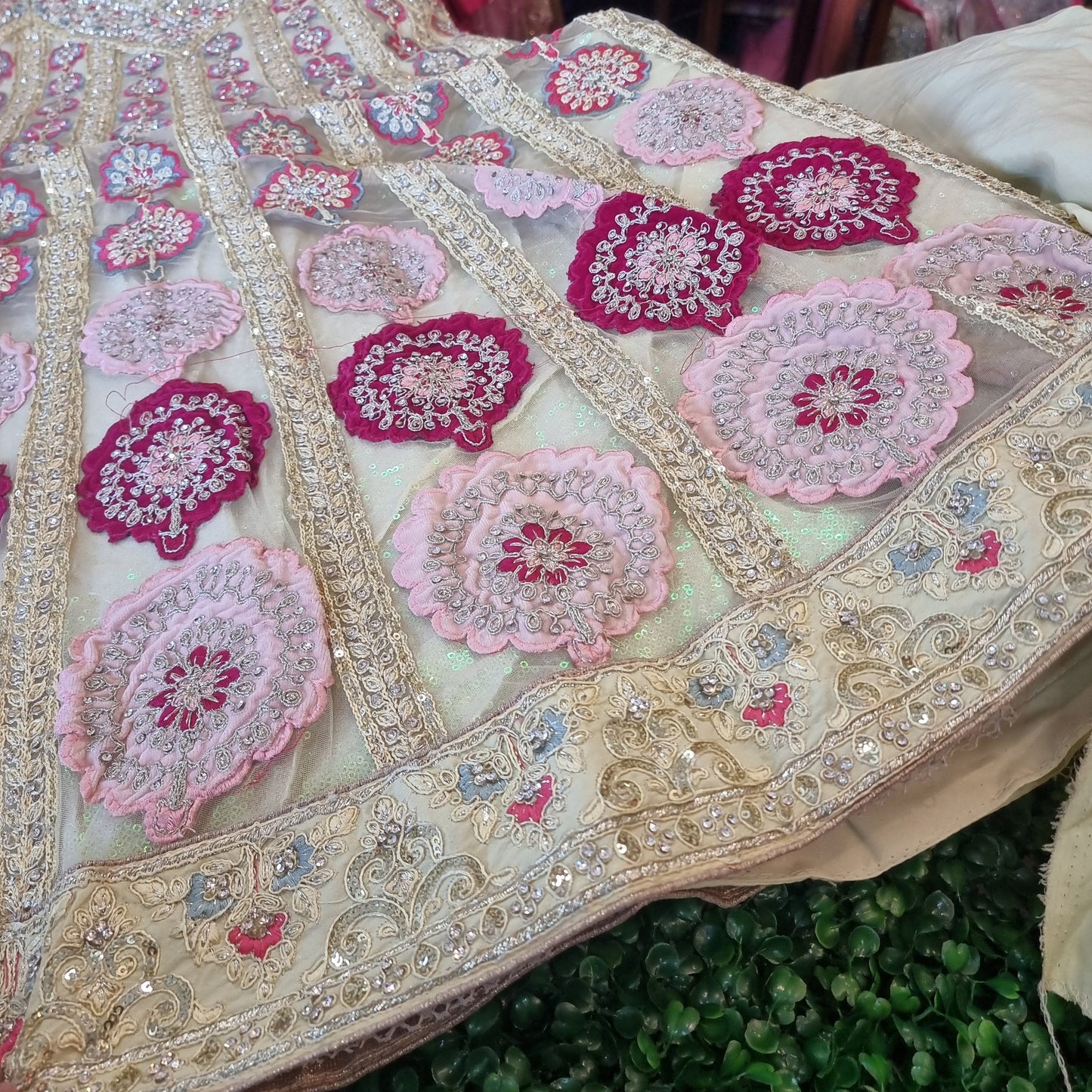 Beautiful designer unstitched lengha with embroidery and stone work