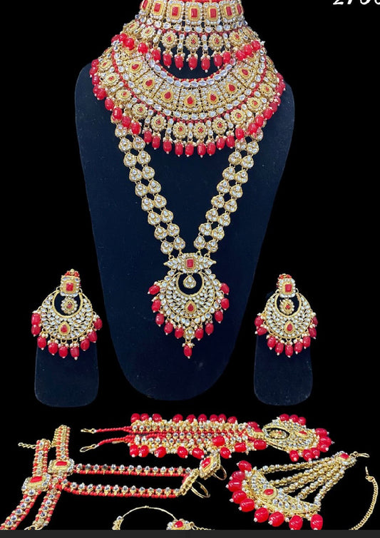 Beautiful designer Ethnic Indian Traditional Gold Plated Kundan Dulhan Bridal Jewellery Set with Choker Earrings Maang Tikka Hathphool for Women